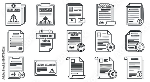 A collection of shipping and logistics documents including bills of lading, invoices, and certificates in minimalist vector style, suitable for business and logistics applications
