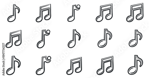 A collection of musical notes in simple black and white outline vector style, perfect for music-related projects and designs