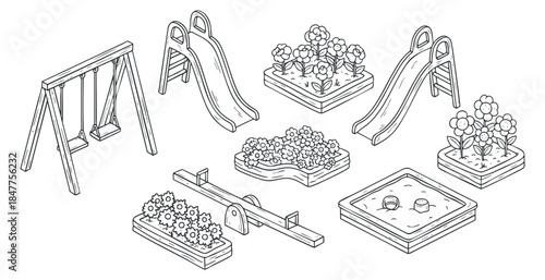 A collection of playground equipment including swings, slides, and flower beds in outline vector style, ideal for children's activity designs