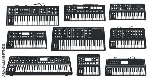 A collection of various synthesizers and keyboards in black outline vector style, ideal for music production and design projects