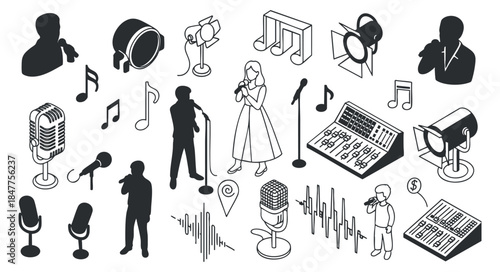 A collection of music-themed icons including microphones, singers, musical notes, and sound equipment in flat black and white vector style, ideal for music-related projects and branding
