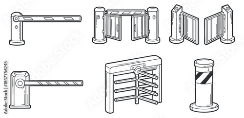 A collection of various types of barriers and turnstiles in clean outline vector style, suitable for urban planning and security design