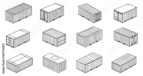 A set of various shipping containers in black and white outline vector style, suitable for logistics and transportation designs