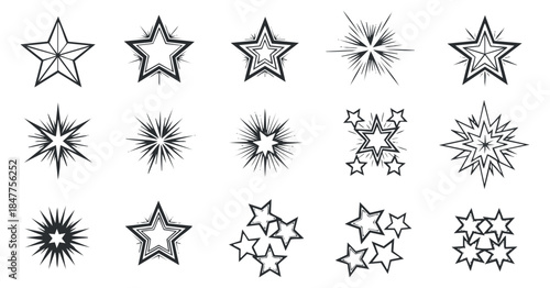 A collection of various star and starburst designs in black and white outline vector style, suitable for graphic design projects