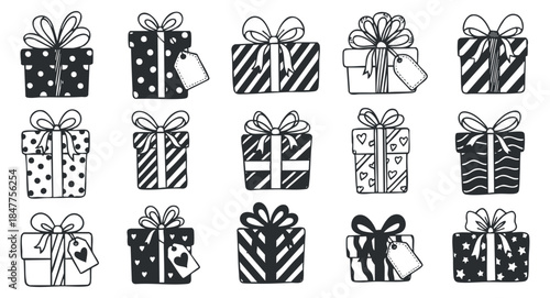A collection of 16 gift boxes with various patterns and ribbons in black and white vector style, perfect for holiday decorations and greeting cards