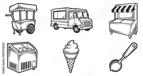 A collection of food-related vehicles and equipment, including a food cart, ice cream truck, and kiosks in black and white vector style, perfect for food industry designs