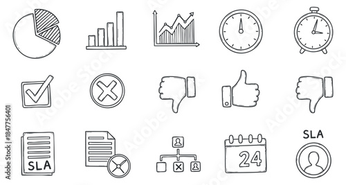 A collection of business icons including charts, clocks, and checkmarks in outline vector style, suitable for project management and analytics