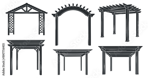 A collection of six pergola designs in black and white vector style, suitable for outdoor landscaping projects