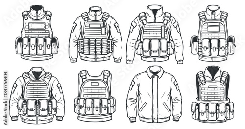A collection of tactical jackets and vests in detailed black and white lineart style, suitable for military and outdoor gear design