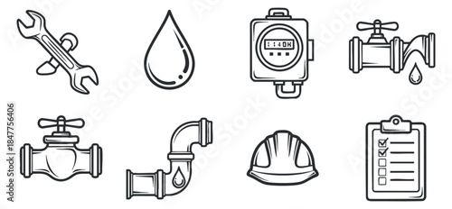 A collection of plumbing and maintenance icons including a wrench, water drop, meter, and checklist in clean outline vector style, suitable for service and engineering projects