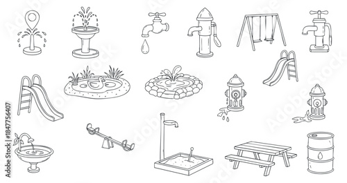 A collection of water-related playground equipment and features in outline vector style, perfect for children's recreation projects
