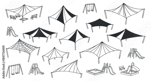 A collection of various tents and playground equipment like slides and swings in black and white minimalist vector style, suitable for outdoor recreation designs