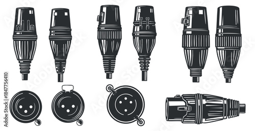 A collection of tattoo machine components in black and white outline vector style, suitable for creative projects and artistic branding
