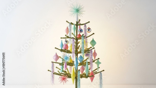 Pastel Christmas Tree Decorated with Geometric Ornaments and Star Topper, Isolated on White Background