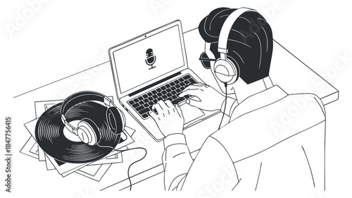 A person wearing headphones and using a laptop with a microphone and vinyl records in black and white outline vector style, perfect for music and audio projects