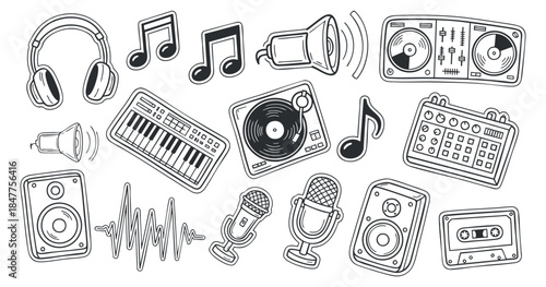 A collection of music-related icons including headphones, microphones, speakers, and musical notes in a black and white outline vector style, perfect for music-themed designs and projects
