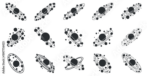 A collection of Saturn planet illustrations with rings in black and white vector style, ideal for educational and creative projects