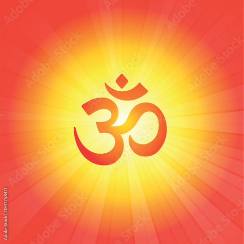 Om Symbol Hindu Spiritual Background – Radiant Yellow Red Light Rays Vector Art