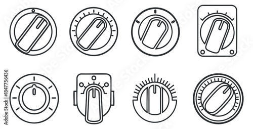 A collection of various control knobs and dials in simple outline vector style, ideal for user interface design and product manuals