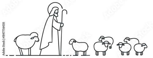 A shepherd guiding a flock of sheep in minimalist outline vector style, suitable for agricultural themes and educational projects