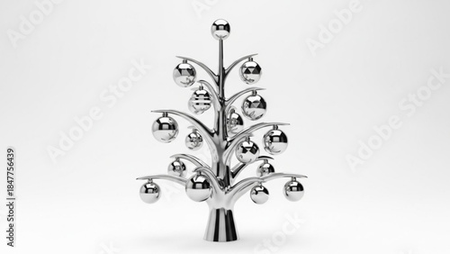 Silver Christmas Tree with Metallic Ornaments Isolated on White Background 3D Render