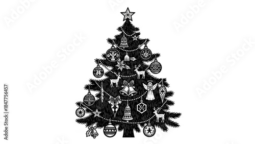 Christmas Tree Decorated with Ornaments, Black and White Illustration Isolated on White