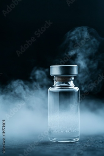 Glass Vial Containing Liquid Surrounded by Mist in a Dark Setting