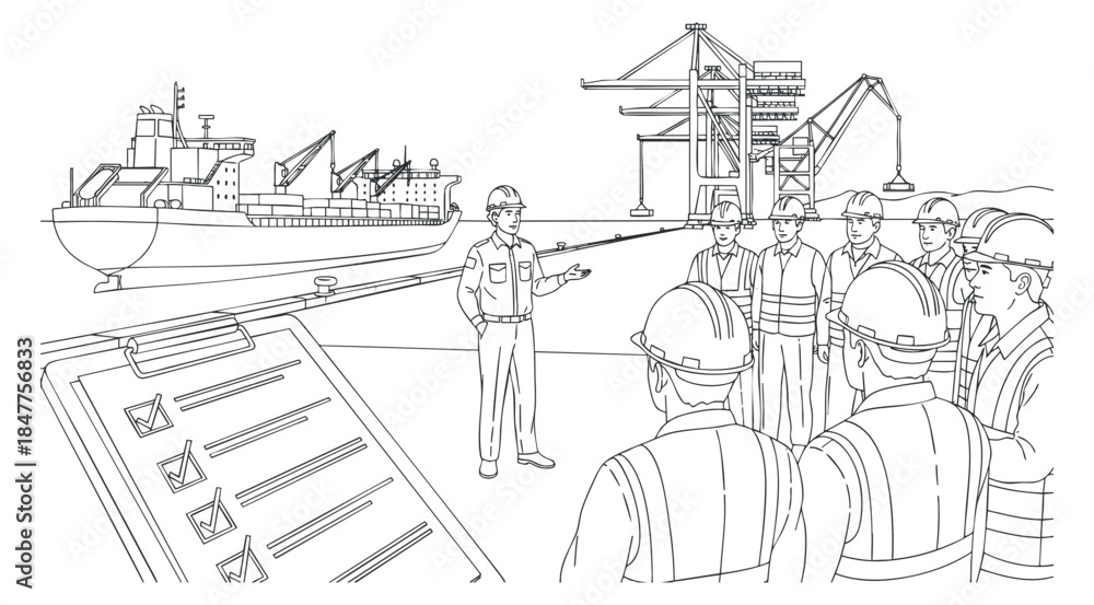 Fototapeta premium A shipping management scene with cargo ship and workers in outline vector style, suitable for maritime industry illustrations
