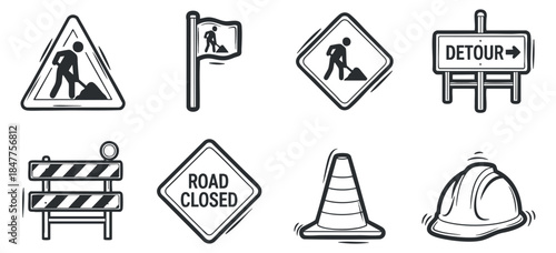 A collection of construction and roadwork icons including warning signs, barriers, and safety equipment in black and white vector style, suitable for urban planning and safety signage