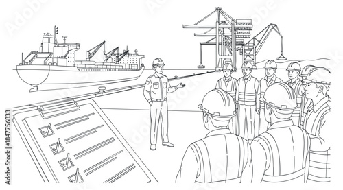A shipping management scene with cargo ship and workers in outline vector style, suitable for maritime industry illustrations