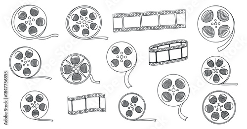 A collection of film reels and filmstrips in black and white outline vector style, suitable for cinema and media projects