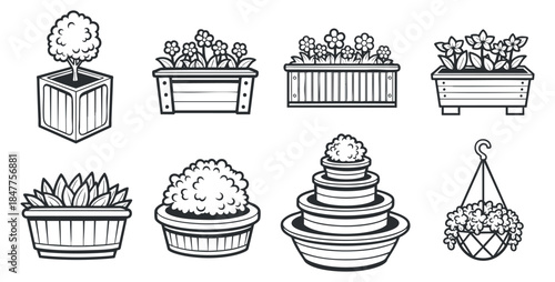 A collection of various plant and flower pots in outline vector style, perfect for gardening and home decor projects