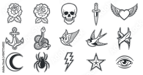A collection of tattoo symbols including roses, skulls, anchors, and birds in black outline vector style, perfect for tattoo designs and art projects