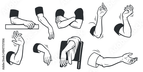 A set of diverse arm gestures and positions in black and white vector style, ideal for communication and design projects