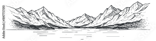 A detailed black and white illustration of a mountain landscape with a serene lake in the foreground, ideal for travel and adventure themes