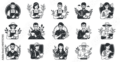 A collection of diverse individuals reading books in black and white minimalist vector style, suitable for educational and lifestyle projects