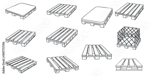 A collection of various wooden pallet designs in outline vector style, suitable for logistics and industrial applications