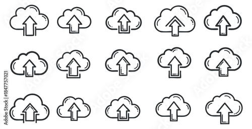 A set of cloud upload icons featuring arrows in clean outline vector style, ideal for technology and web design projects