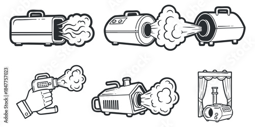 A collection of smoke machines and effects in black and white outline vector style, ideal for entertainment and event design