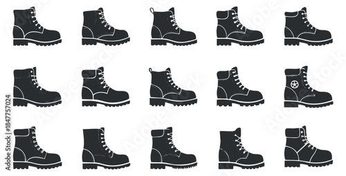 A collection of various boot designs in black and white vector style, ideal for footwear branding and outdoor gear