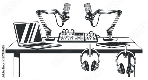 A podcast recording studio setup featuring microphones, headphones, and a laptop in a modern black and white vector style, ideal for media projects