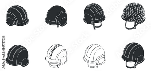 A set of various helmets including construction, sports, and safety headgear in minimalist black and white vector style, ideal for safety and industrial design projects