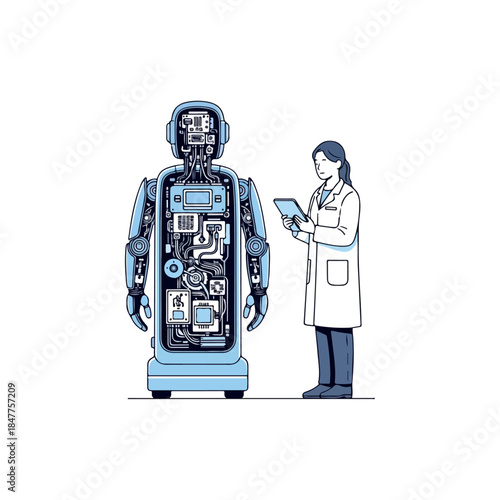 Scientist Inspecting Advanced Robots Internal Mechanics.