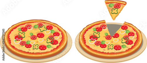 Whole Pizza and Slice Vector – Cheese Pizza with Tomato and Veggie Toppings Illustration