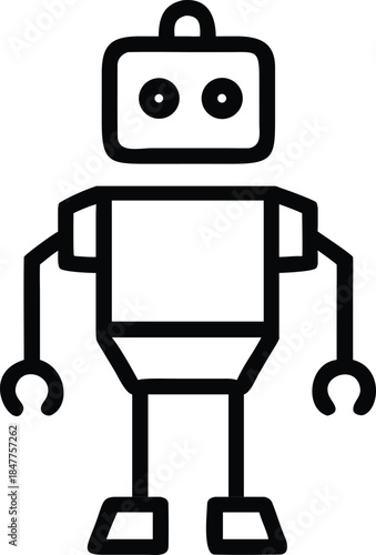 A minimalist black line art icon of a friendly geometric robot standing upright