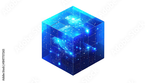 An isometric cube depicting a galaxy within, showcasing bright stars and nebulous formations, all contained within transparent panels