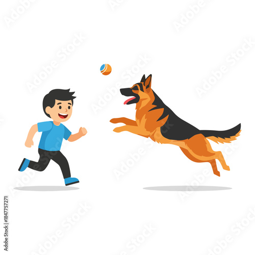 Boy and German Shepherd Playing Fetch with Ball.