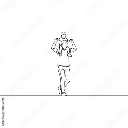 Father carrying child on shoulders simple line art.