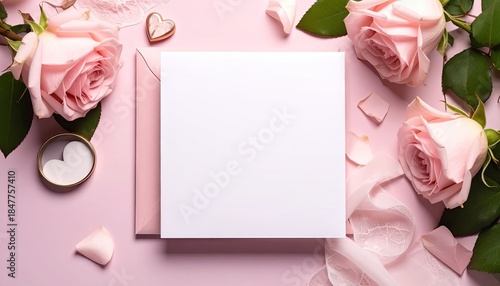 Elegant flat lay composition featuring delicate pink roses and a blank card for invitations or greetings.