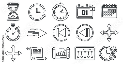 A collection of time-related icons including clocks, hourglass, arrows, and calendars in minimalist outline vector style, suitable for project management and planning
